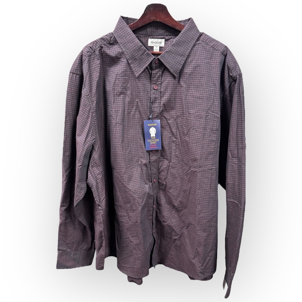 Haggar Men’s Tuckless Shirt - Aubergine Check, Size 3X, NWT P82